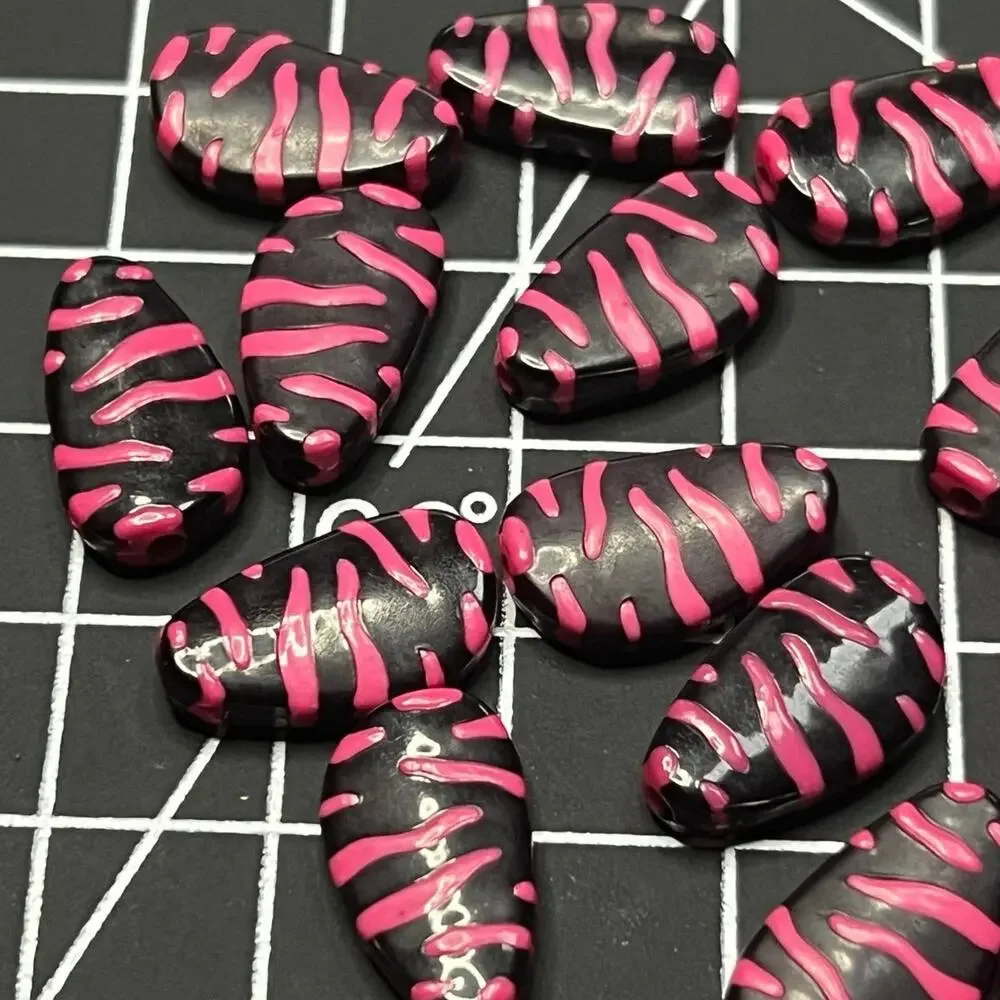 Lot of 18 Flat Oval Black & Pink Zebra Print Beads for Jewelry Making